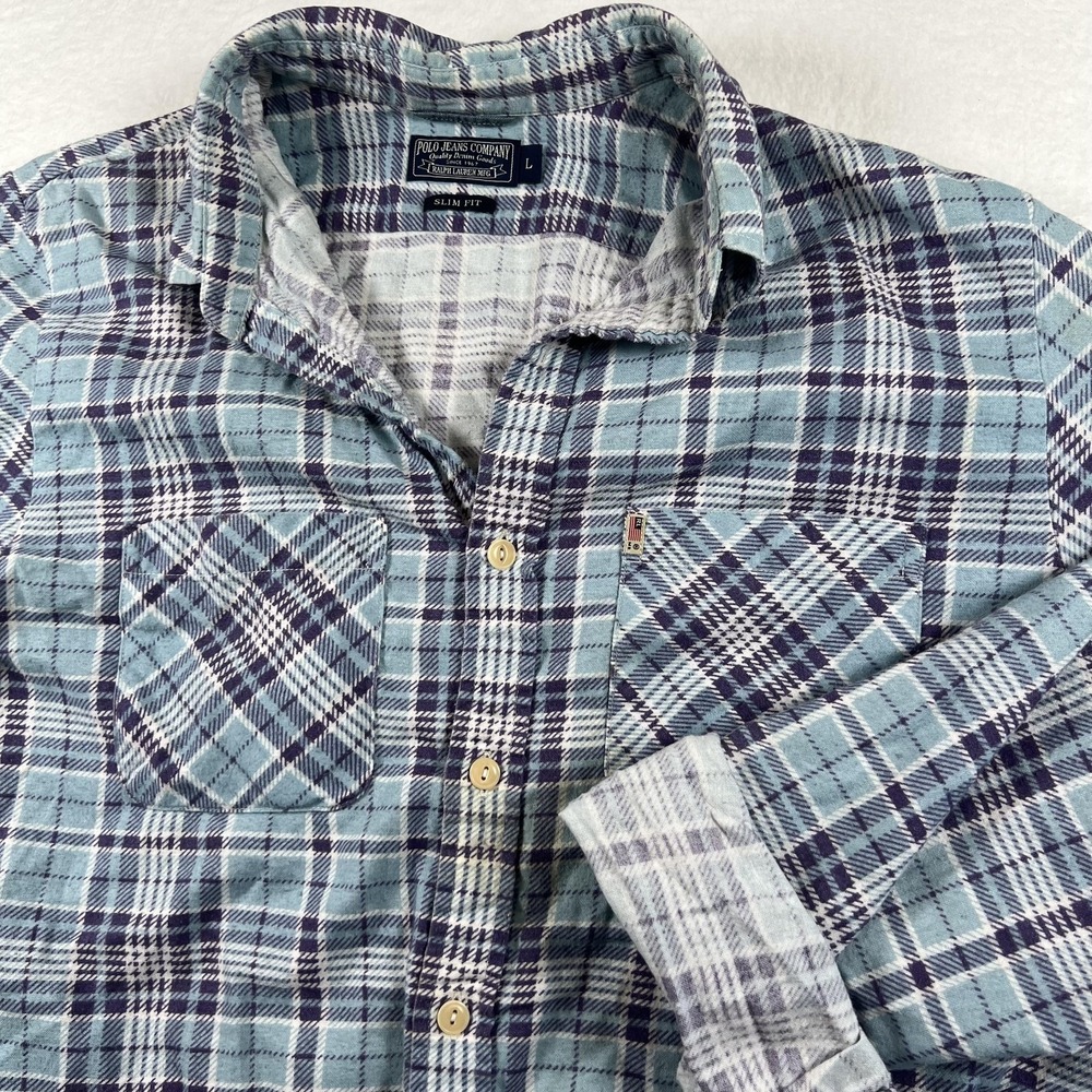 Polo Jeans Co Ralph Lauren Shirt Mens Large Blue Plaid Flannel Slim Button Up
